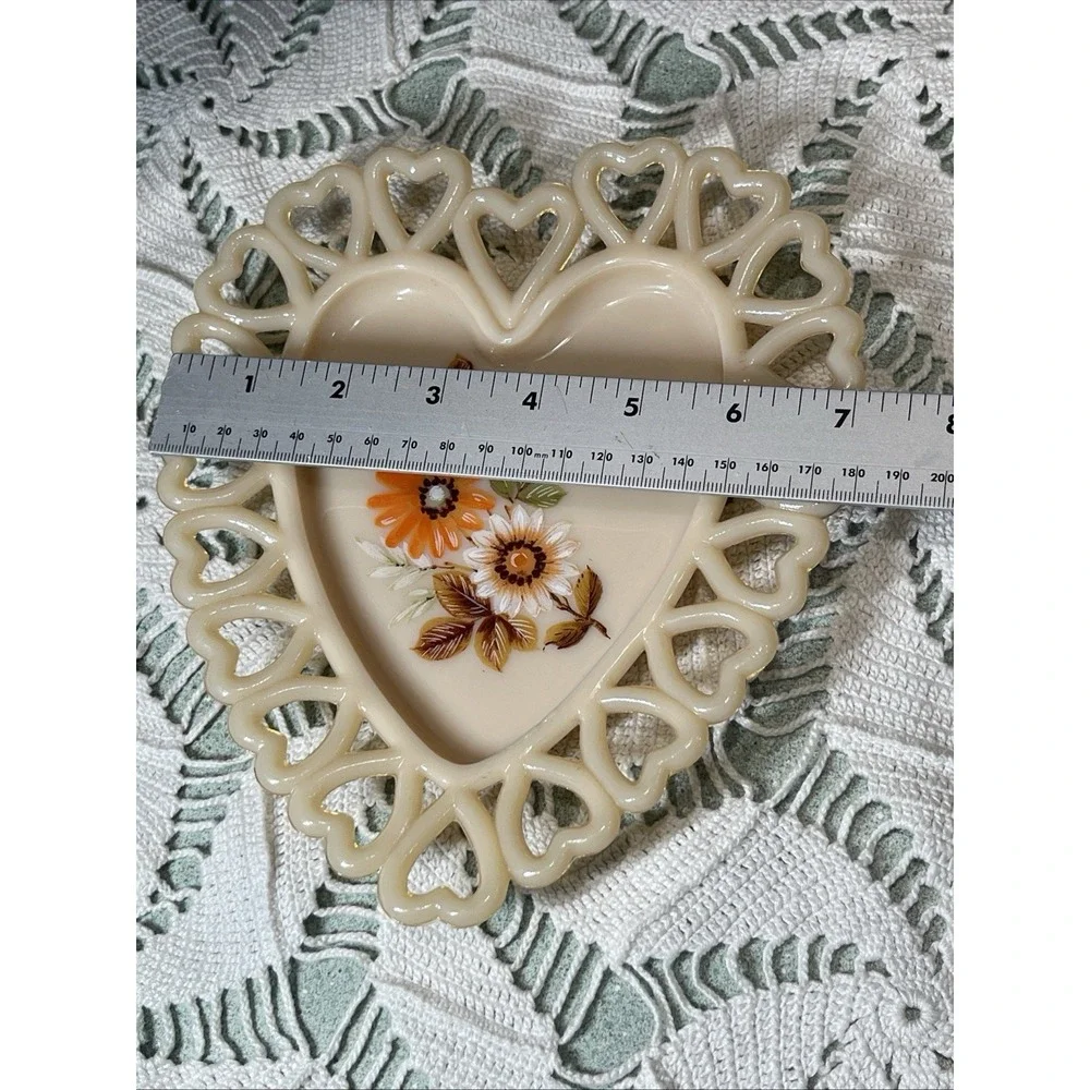 Vintage Westmoreland Tan Glass Heart Lace Edge Orange Floral Trinket Plate